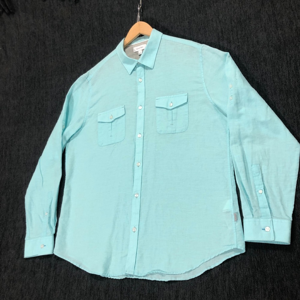 Calvin Klein Linen Shirt Button Down Long‎ Sleeve Pockets Aqua Blue Size Large